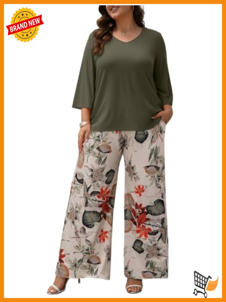 Plus Size 2 Piece Outfits 3/4 Sleeve Tunic Top Floral Wide Leg Pant Sets Travel
